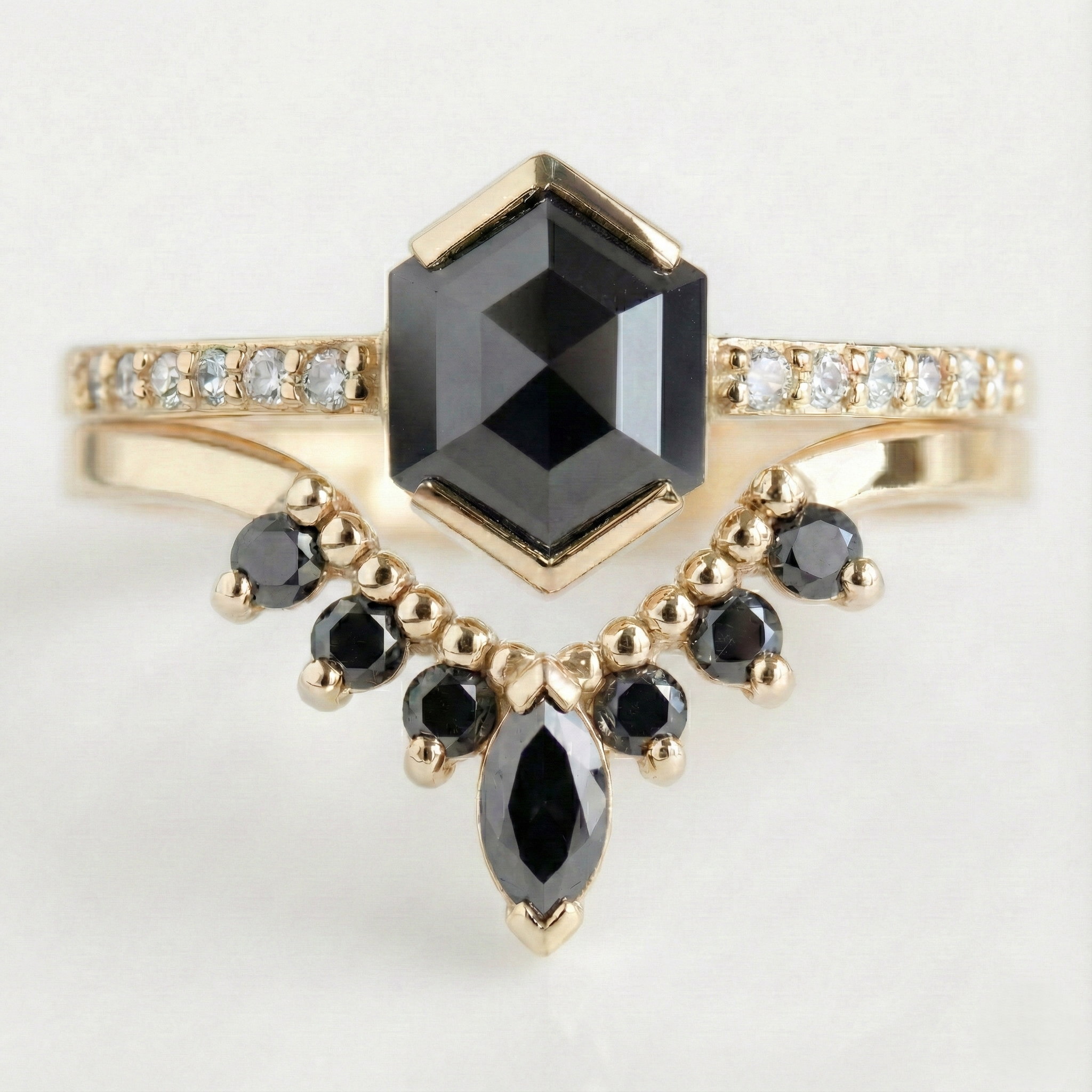 Hexagon Single Cut Fancy Black Color Center Diamond Solid Yellow Gold Ring - Shree Diamond Mfg